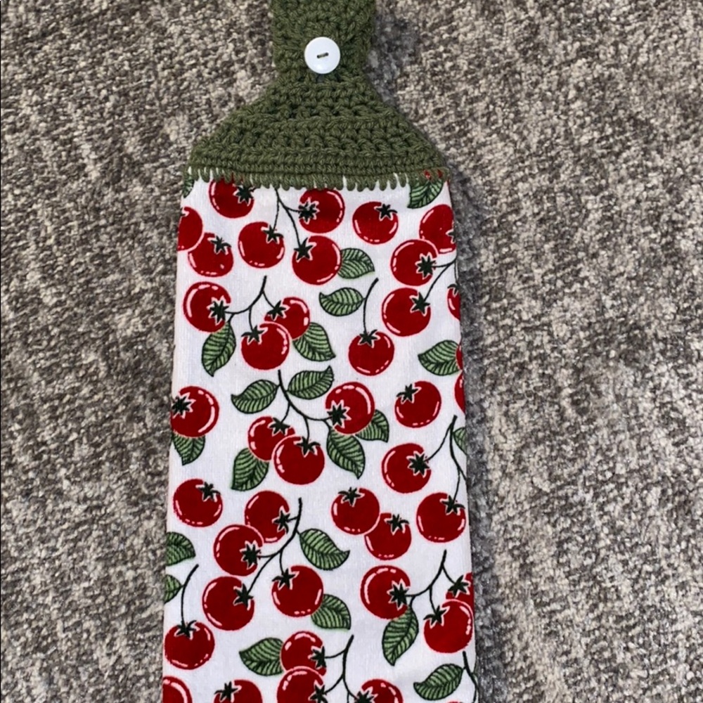 Handmade dish Towel with crocheted top - tomatoes